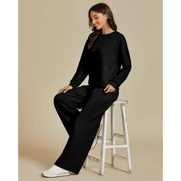 luvamia Lounge 2 Piece Sets for Women Texture Long Sleeve Pullover Pull On Wide Leg Pants Sweatsuit Loungewear Sweat SetBlack