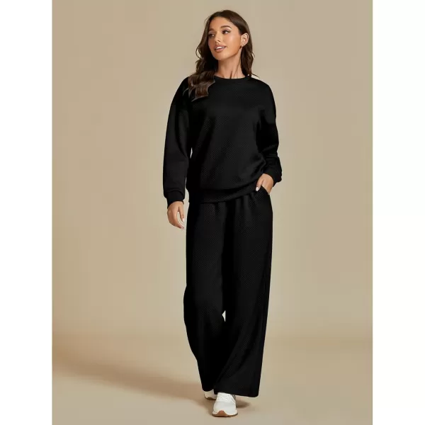 luvamia Lounge 2 Piece Sets for Women Texture Long Sleeve Pullover Pull On Wide Leg Pants Sweatsuit Loungewear Sweat SetBlack
