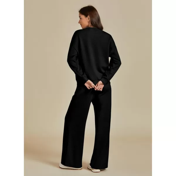 luvamia Lounge 2 Piece Sets for Women Texture Long Sleeve Pullover Pull On Wide Leg Pants Sweatsuit Loungewear Sweat SetBlack