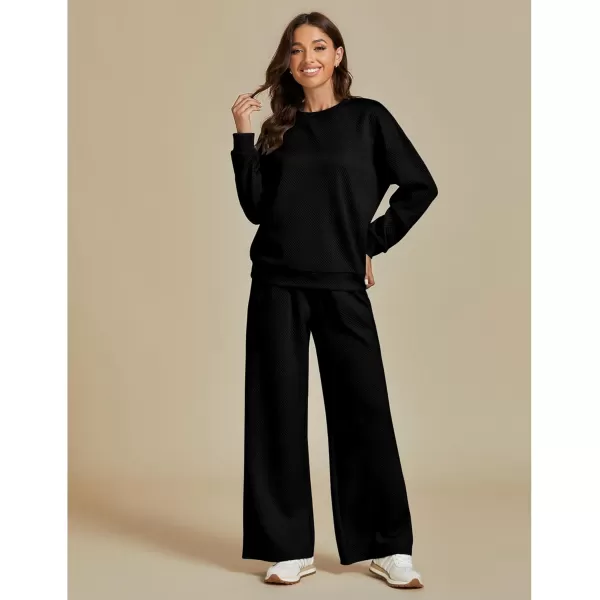 luvamia Lounge 2 Piece Sets for Women Texture Long Sleeve Pullover Pull On Wide Leg Pants Sweatsuit Loungewear Sweat SetBlack