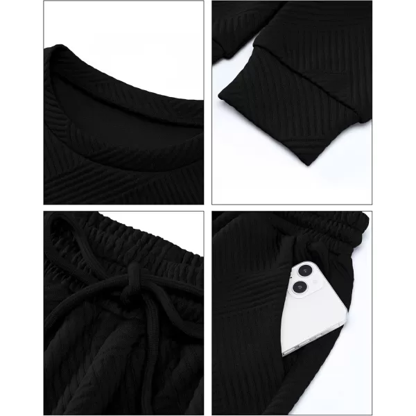 luvamia Lounge 2 Piece Sets for Women Texture Long Sleeve Pullover Pull On Wide Leg Pants Sweatsuit Loungewear Sweat SetBlack