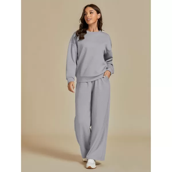 luvamia Lounge 2 Piece Sets for Women Texture Long Sleeve Pullover Pull On Wide Leg Pants Sweatsuit Loungewear Sweat SetGray