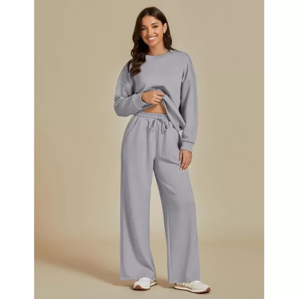 luvamia Lounge 2 Piece Sets for Women Texture Long Sleeve Pullover Pull On Wide Leg Pants Sweatsuit Loungewear Sweat SetGray