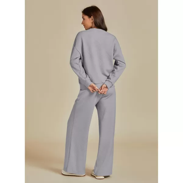 luvamia Lounge 2 Piece Sets for Women Texture Long Sleeve Pullover Pull On Wide Leg Pants Sweatsuit Loungewear Sweat SetGray