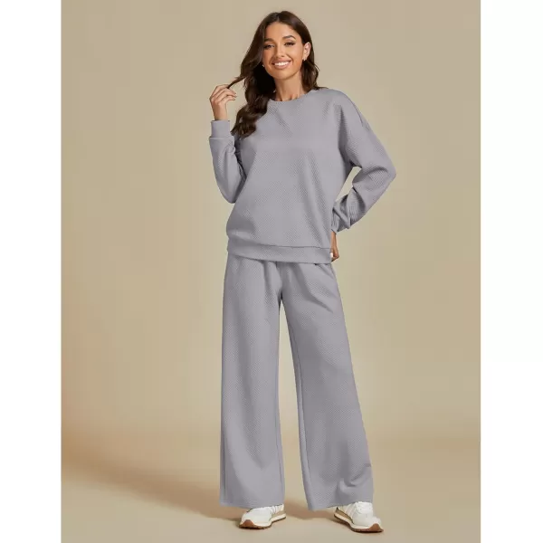 luvamia Lounge 2 Piece Sets for Women Texture Long Sleeve Pullover Pull On Wide Leg Pants Sweatsuit Loungewear Sweat SetGray