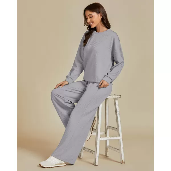 luvamia Lounge 2 Piece Sets for Women Texture Long Sleeve Pullover Pull On Wide Leg Pants Sweatsuit Loungewear Sweat SetGray