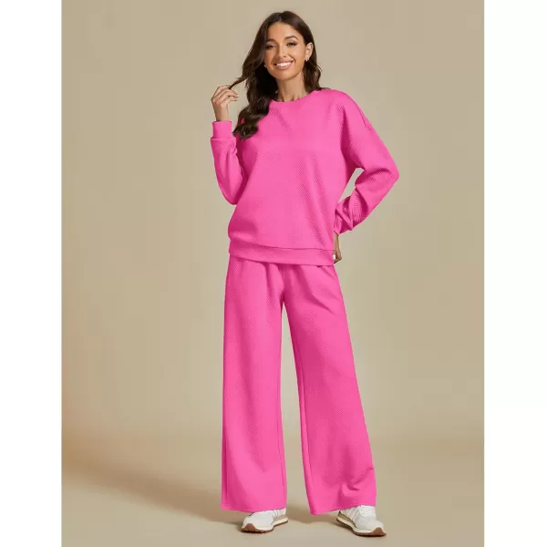 luvamia Lounge 2 Piece Sets for Women Texture Long Sleeve Pullover Pull On Wide Leg Pants Sweatsuit Loungewear Sweat SetHot Pink