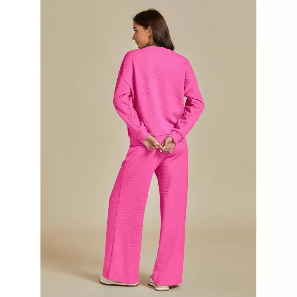 luvamia Lounge 2 Piece Sets for Women Texture Long Sleeve Pullover Pull On Wide Leg Pants Sweatsuit Loungewear Sweat SetHot Pink