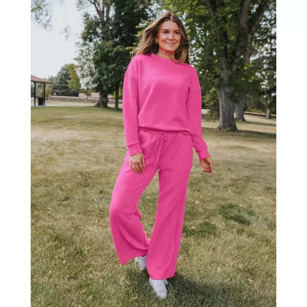 luvamia Lounge 2 Piece Sets for Women Texture Long Sleeve Pullover Pull On Wide Leg Pants Sweatsuit Loungewear Sweat SetHot Pink