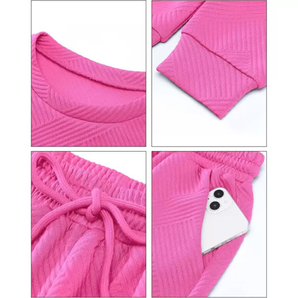 luvamia Lounge 2 Piece Sets for Women Texture Long Sleeve Pullover Pull On Wide Leg Pants Sweatsuit Loungewear Sweat SetHot Pink