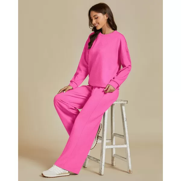 luvamia Lounge 2 Piece Sets for Women Texture Long Sleeve Pullover Pull On Wide Leg Pants Sweatsuit Loungewear Sweat SetHot Pink