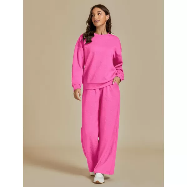 luvamia Lounge 2 Piece Sets for Women Texture Long Sleeve Pullover Pull On Wide Leg Pants Sweatsuit Loungewear Sweat SetHot Pink