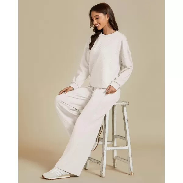 luvamia Lounge 2 Piece Sets for Women Texture Long Sleeve Pullover Pull On Wide Leg Pants Sweatsuit Loungewear Sweat SetLight Beige