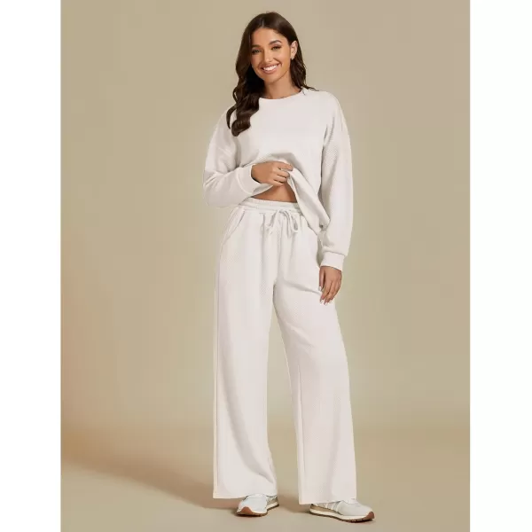 luvamia Lounge 2 Piece Sets for Women Texture Long Sleeve Pullover Pull On Wide Leg Pants Sweatsuit Loungewear Sweat SetLight Beige