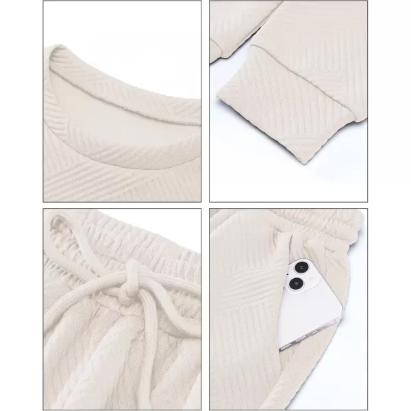 luvamia Lounge 2 Piece Sets for Women Texture Long Sleeve Pullover Pull On Wide Leg Pants Sweatsuit Loungewear Sweat SetLight Beige