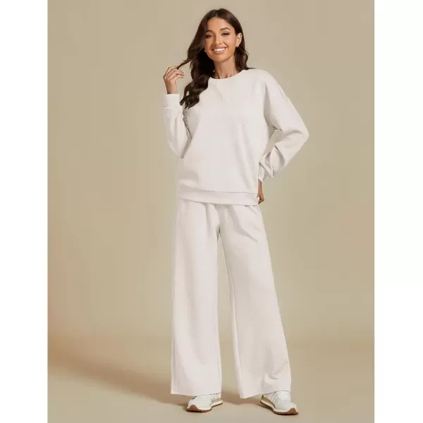 luvamia Lounge 2 Piece Sets for Women Texture Long Sleeve Pullover Pull On Wide Leg Pants Sweatsuit Loungewear Sweat SetLight Beige