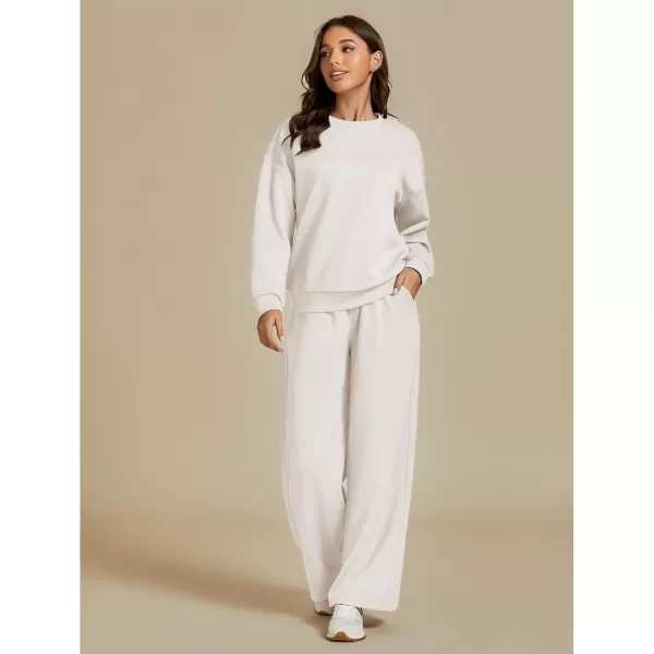 luvamia Lounge 2 Piece Sets for Women Texture Long Sleeve Pullover Pull On Wide Leg Pants Sweatsuit Loungewear Sweat SetLight Beige