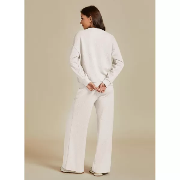 luvamia Lounge 2 Piece Sets for Women Texture Long Sleeve Pullover Pull On Wide Leg Pants Sweatsuit Loungewear Sweat SetLight Beige
