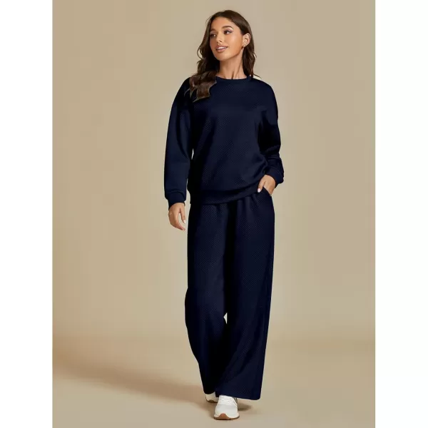 luvamia Lounge 2 Piece Sets for Women Texture Long Sleeve Pullover Pull On Wide Leg Pants Sweatsuit Loungewear Sweat SetNavy Blue