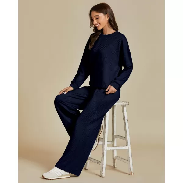 luvamia Lounge 2 Piece Sets for Women Texture Long Sleeve Pullover Pull On Wide Leg Pants Sweatsuit Loungewear Sweat SetNavy Blue