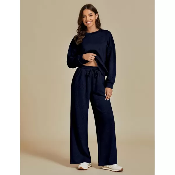 luvamia Lounge 2 Piece Sets for Women Texture Long Sleeve Pullover Pull On Wide Leg Pants Sweatsuit Loungewear Sweat SetNavy Blue