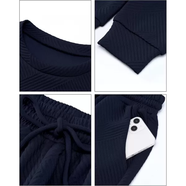 luvamia Lounge 2 Piece Sets for Women Texture Long Sleeve Pullover Pull On Wide Leg Pants Sweatsuit Loungewear Sweat SetNavy Blue