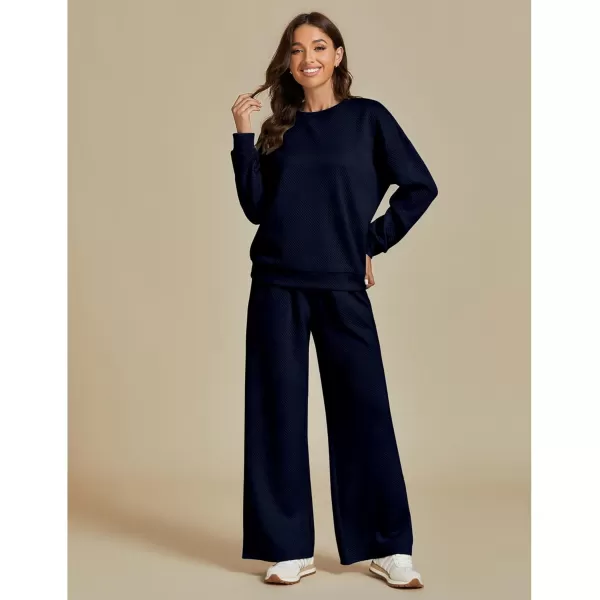 luvamia Lounge 2 Piece Sets for Women Texture Long Sleeve Pullover Pull On Wide Leg Pants Sweatsuit Loungewear Sweat SetNavy Blue