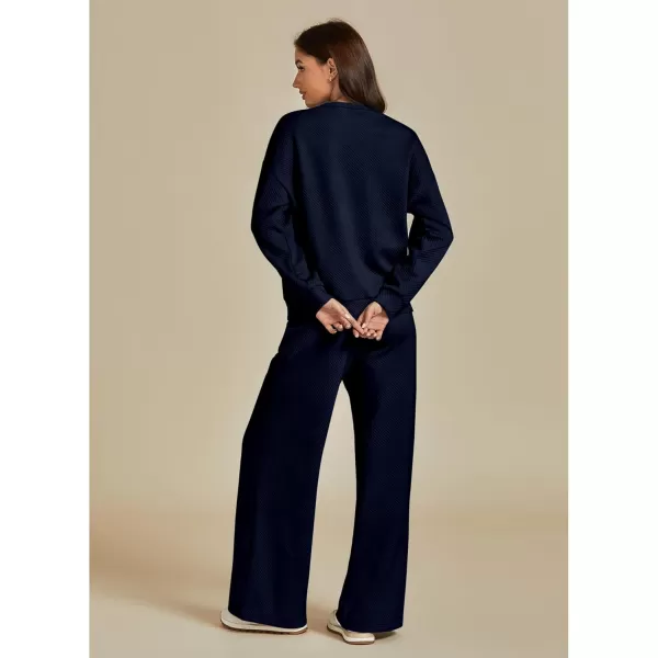 luvamia Lounge 2 Piece Sets for Women Texture Long Sleeve Pullover Pull On Wide Leg Pants Sweatsuit Loungewear Sweat SetNavy Blue