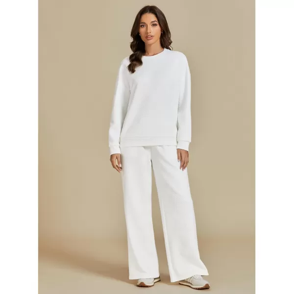 luvamia Lounge 2 Piece Sets for Women Texture Long Sleeve Pullover Pull On Wide Leg Pants Sweatsuit Loungewear Sweat SetWhite