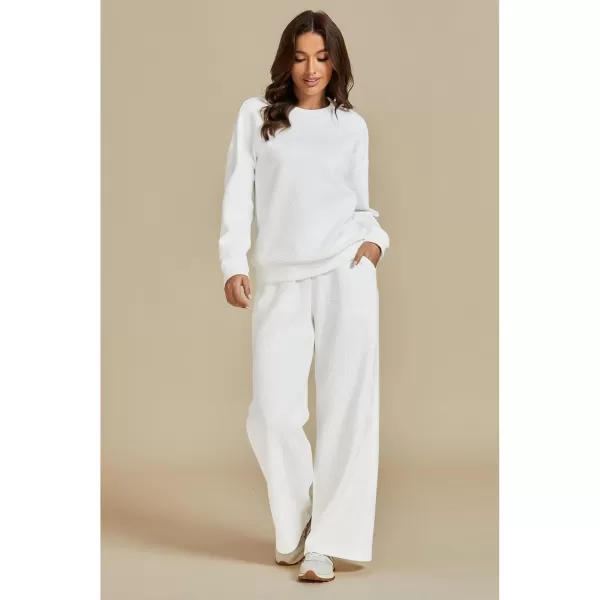 luvamia Lounge 2 Piece Sets for Women Texture Long Sleeve Pullover Pull On Wide Leg Pants Sweatsuit Loungewear Sweat SetWhite