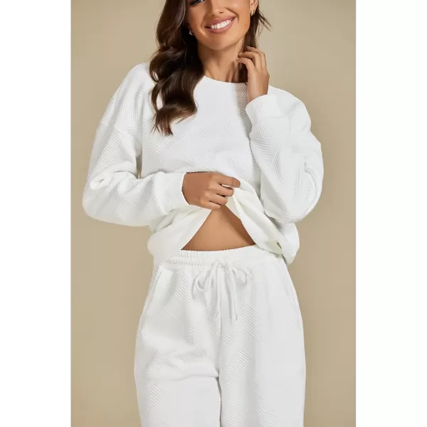 luvamia Lounge 2 Piece Sets for Women Texture Long Sleeve Pullover Pull On Wide Leg Pants Sweatsuit Loungewear Sweat SetWhite