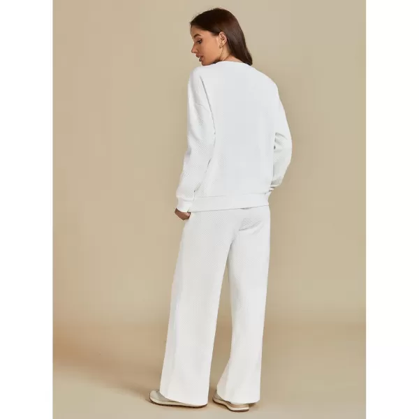 luvamia Lounge 2 Piece Sets for Women Texture Long Sleeve Pullover Pull On Wide Leg Pants Sweatsuit Loungewear Sweat SetWhite