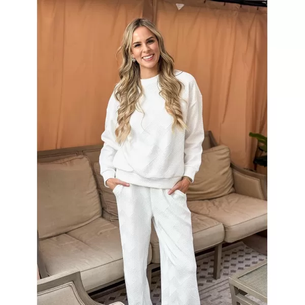 luvamia Lounge 2 Piece Sets for Women Texture Long Sleeve Pullover Pull On Wide Leg Pants Sweatsuit Loungewear Sweat SetWhite