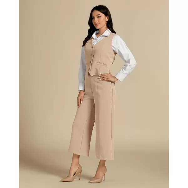 luvamia Pant Suits for Women Dressy Casual 2 Piece Sets Sleeveless Blazer Vest with Wide Leg Capri Pants Work OutfitBeige