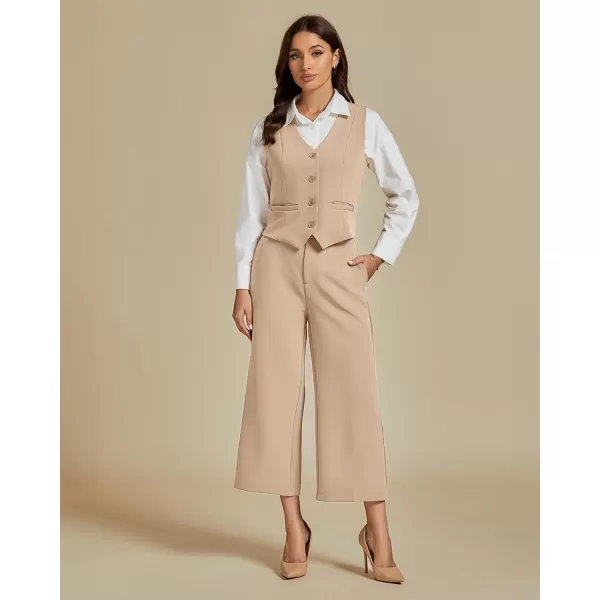 luvamia Pant Suits for Women Dressy Casual 2 Piece Sets Sleeveless Blazer Vest with Wide Leg Capri Pants Work OutfitBeige