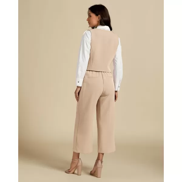 luvamia Pant Suits for Women Dressy Casual 2 Piece Sets Sleeveless Blazer Vest with Wide Leg Capri Pants Work OutfitBeige