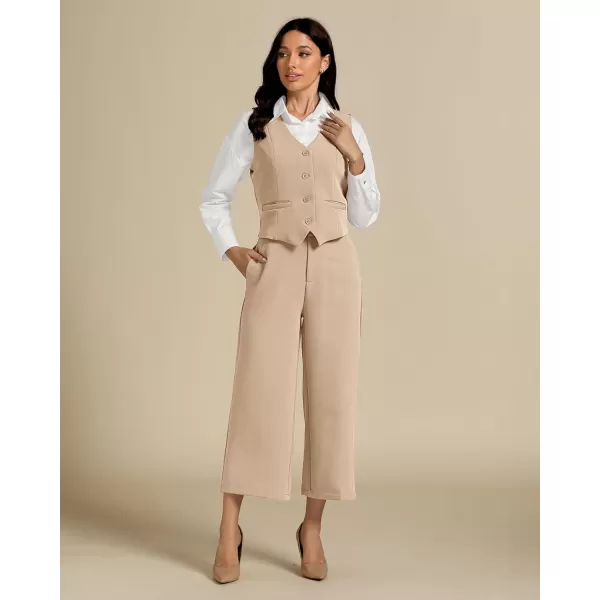 luvamia Pant Suits for Women Dressy Casual 2 Piece Sets Sleeveless Blazer Vest with Wide Leg Capri Pants Work OutfitBeige