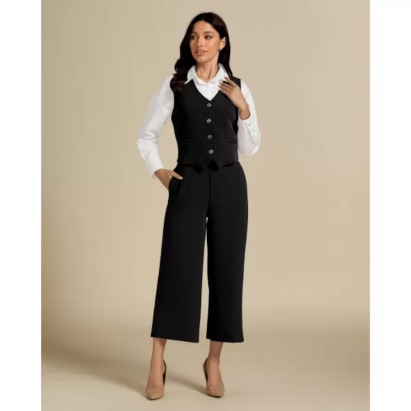 luvamia Pant Suits for Women Dressy Casual 2 Piece Sets Sleeveless Blazer Vest with Wide Leg Capri Pants Work OutfitBlack