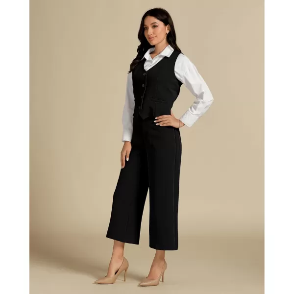 luvamia Pant Suits for Women Dressy Casual 2 Piece Sets Sleeveless Blazer Vest with Wide Leg Capri Pants Work OutfitBlack