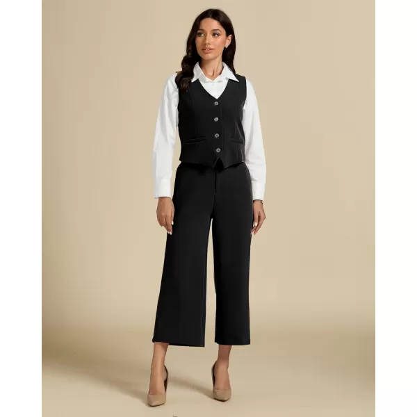 luvamia Pant Suits for Women Dressy Casual 2 Piece Sets Sleeveless Blazer Vest with Wide Leg Capri Pants Work OutfitBlack