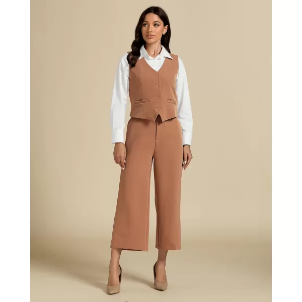 luvamia Pant Suits for Women Dressy Casual 2 Piece Sets Sleeveless Blazer Vest with Wide Leg Capri Pants Work OutfitCamel