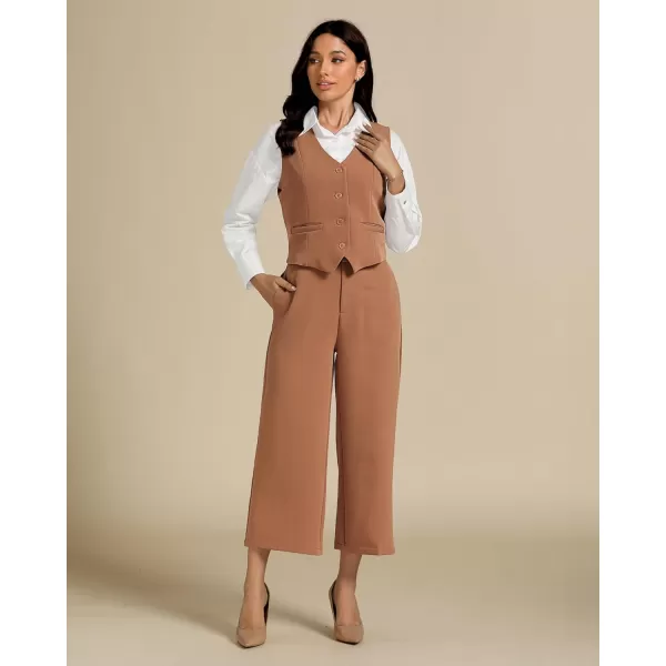 luvamia Pant Suits for Women Dressy Casual 2 Piece Sets Sleeveless Blazer Vest with Wide Leg Capri Pants Work OutfitCamel