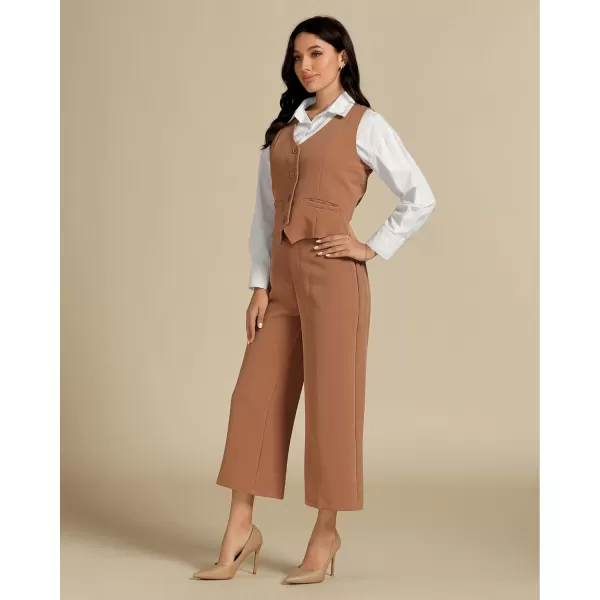 luvamia Pant Suits for Women Dressy Casual 2 Piece Sets Sleeveless Blazer Vest with Wide Leg Capri Pants Work OutfitCamel