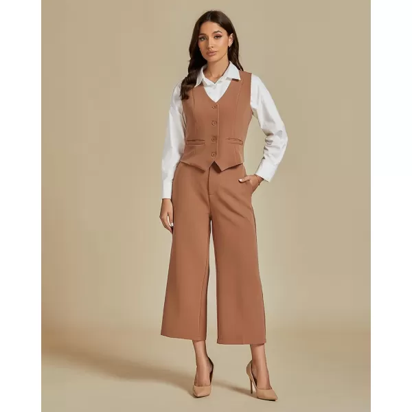 luvamia Pant Suits for Women Dressy Casual 2 Piece Sets Sleeveless Blazer Vest with Wide Leg Capri Pants Work OutfitCamel