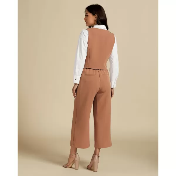 luvamia Pant Suits for Women Dressy Casual 2 Piece Sets Sleeveless Blazer Vest with Wide Leg Capri Pants Work OutfitCamel