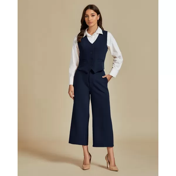 luvamia Pant Suits for Women Dressy Casual 2 Piece Sets Sleeveless Blazer Vest with Wide Leg Capri Pants Work OutfitDark Blue