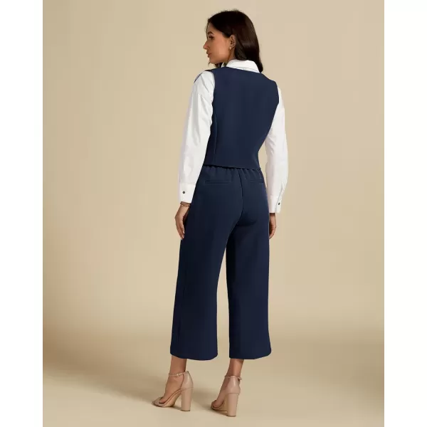 luvamia Pant Suits for Women Dressy Casual 2 Piece Sets Sleeveless Blazer Vest with Wide Leg Capri Pants Work OutfitDark Blue