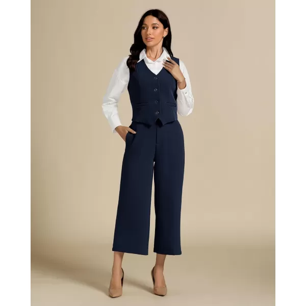 luvamia Pant Suits for Women Dressy Casual 2 Piece Sets Sleeveless Blazer Vest with Wide Leg Capri Pants Work OutfitDark Blue