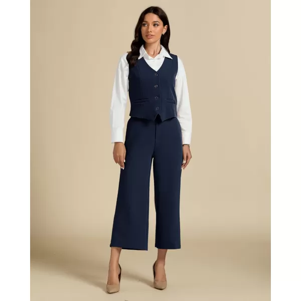 luvamia Pant Suits for Women Dressy Casual 2 Piece Sets Sleeveless Blazer Vest with Wide Leg Capri Pants Work OutfitDark Blue