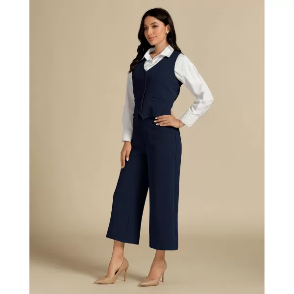 luvamia Pant Suits for Women Dressy Casual 2 Piece Sets Sleeveless Blazer Vest with Wide Leg Capri Pants Work OutfitDark Blue